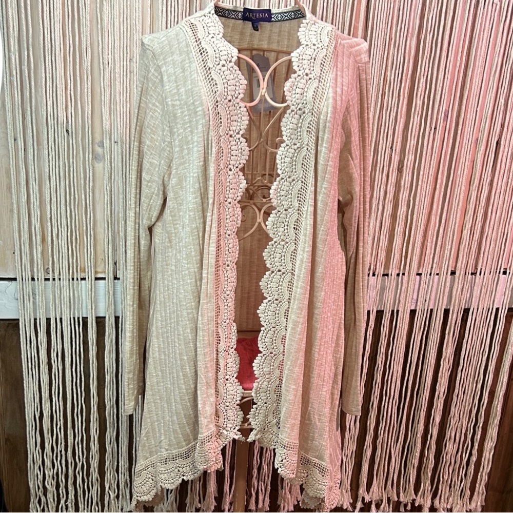 Long Sleeve Elegant Cream Lace Trim Cardigan